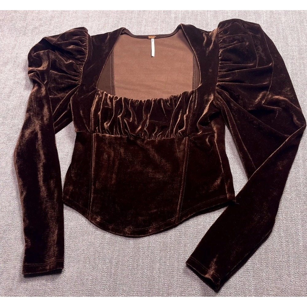 Free People Hold Me Velvet Top Womens Small Brown Exaggerated Puff Sleeves